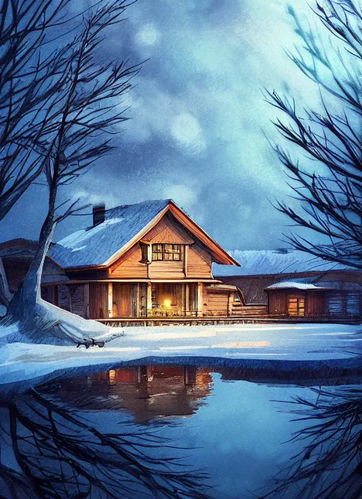 Image similar to a lake house in winter, trending on artstation, ghibli style, anime, concept art,