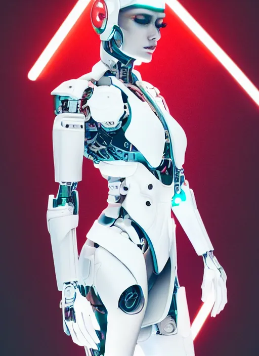 Prompt: photorealistic detailed full body picture of a female cyborg, pretty face, neon lights, white suit, humanoid, extreme, uhdr, book called the most influental cyborg in 2 0 5 0, fine details, highly detailed, intricate, smooth sharp focus