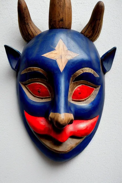 Image similar to a flat carved wooden elf mask face, staring real goat eyes, outer glow, dark blue background with stars shapes vividly coloured, highly detailed, vintage european folk art, colour photograph