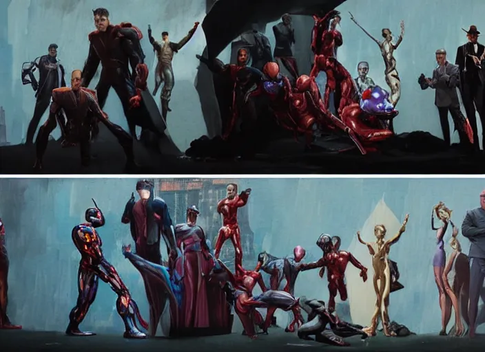 Prompt: a still from the movie avengers : infinty war, a still from the film joker in style of francis bacon and norman rockwell and james jean, a still from the movie the godfather, and mark brooks, triadic color scheme, by greg rutkowski, syd mead and edward hopper and norman rockwell and beksinski, dark surrealism