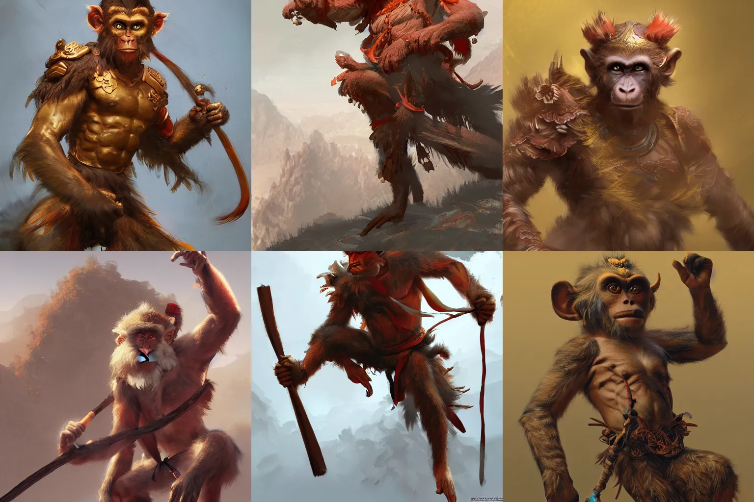 Prompt: tang mo, humanoid monkey fantasy race ,wukong, monkey king, by craig mullins, featured on artstation