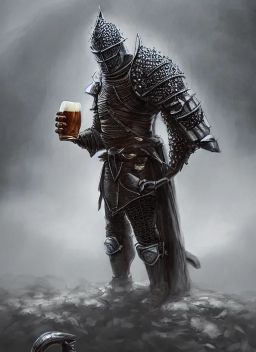 Prompt: knight drinks beer, beer, glass, beer mug in hand, intricate, triumphantly, foggy background, full body art, dark souls, drawing, concept art, artstation, digital painting, highly detailed, illustration by artgerm