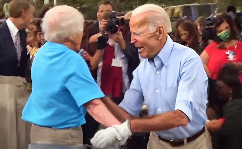 Prompt: low quality footage of joe biden slapping my grandma and running away, back camera, walmart parking lot, camera flash is so bright, uncomfortable, viral, leaked footage, viral on twitter, viral on instagram, viral photo