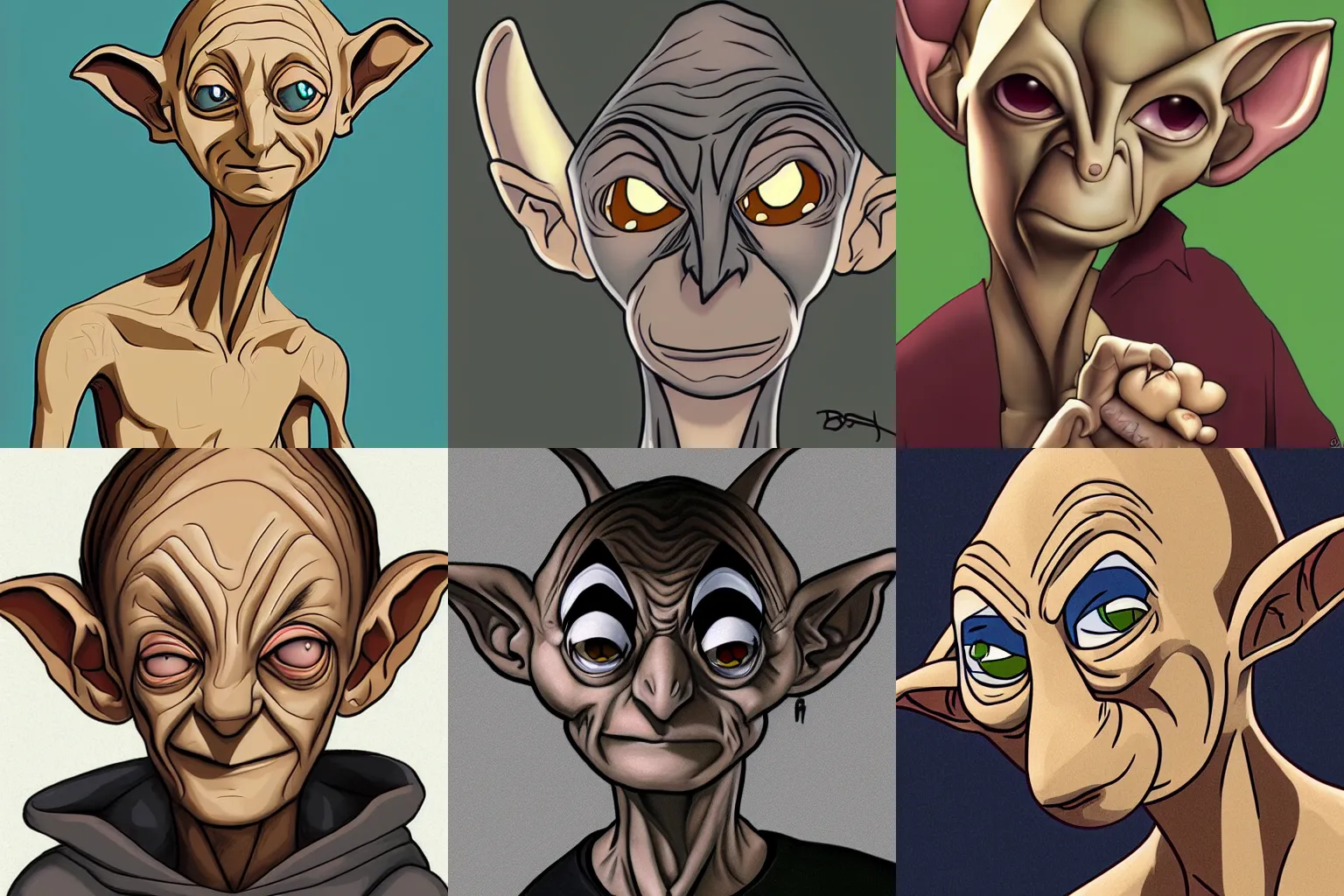 Prompt: Smeagol as Dobby by Bruce Timm, highly detailed digital art, anime