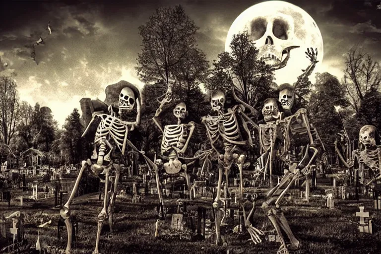 Prompt: skeletons in leather jackets with guitars in the hands in a cemetery, evil guitars, evil rock concert, dark night, full moon, the oak tree, highly detailed digital art, photorealistic
