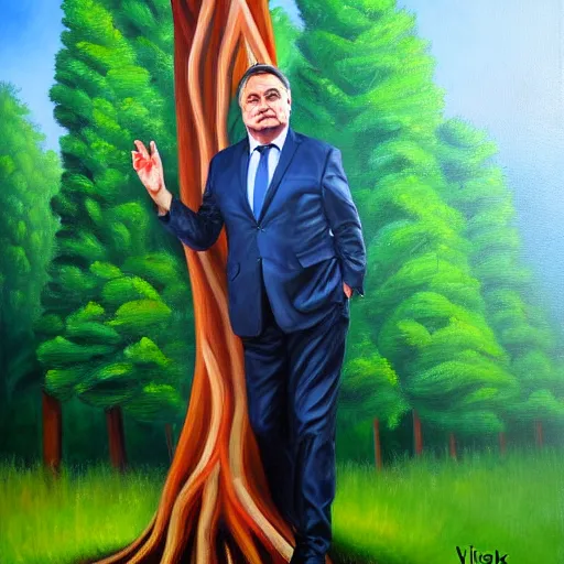 Image similar to viktor orban protecting a tree, oil painting