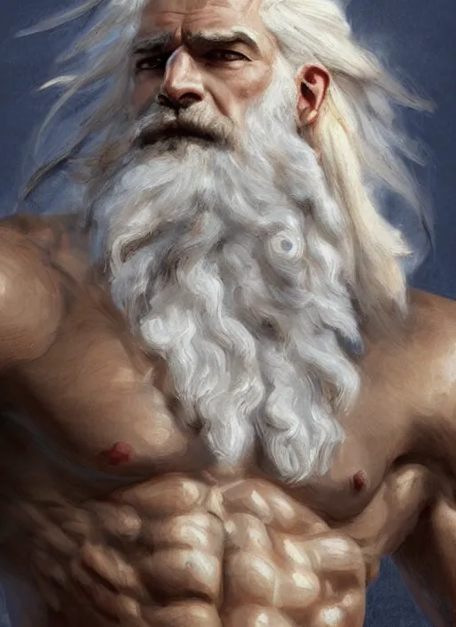 Image similar to painted portrait of rugged zeus, greek god, white hair, masculine, mature, handsome, upper body, muscular, hairy torso, fantasy, intricate, elegant, highly detailed, digital painting, artstation, concept art, smooth, sharp focus, illustration, art by gaston bussiere