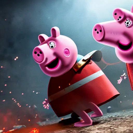 Image similar to Peppa pig in Gears of War, splash art, movie still, cinematic lighting, dramatic, octane render, long lens, shallow depth of field, bokeh, anamorphic lens flare, 8k, hyper detailed, 35mm film grain