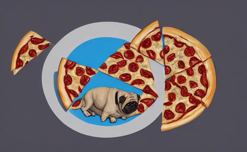 Prompt: a pug dog with a pizza, soft grey and blue natural light, intricate, digital painting, artstation, concept art, smooth, sharp focus, illustration, symmetry!