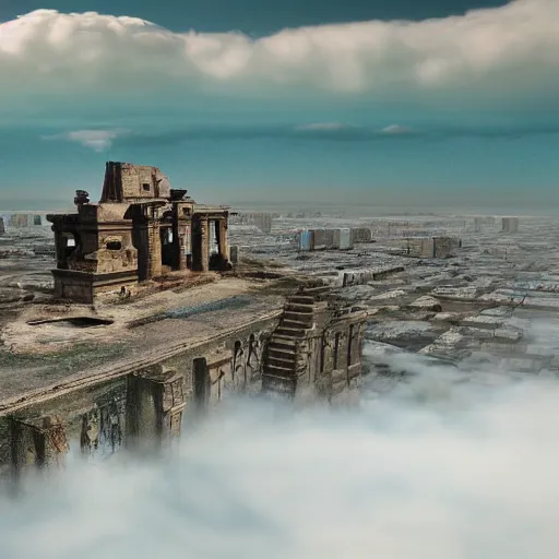 Prompt: ancient hi tech superstructure standing above the clouds with an abandoned city on top, photograph, derelict, hyperrealism,