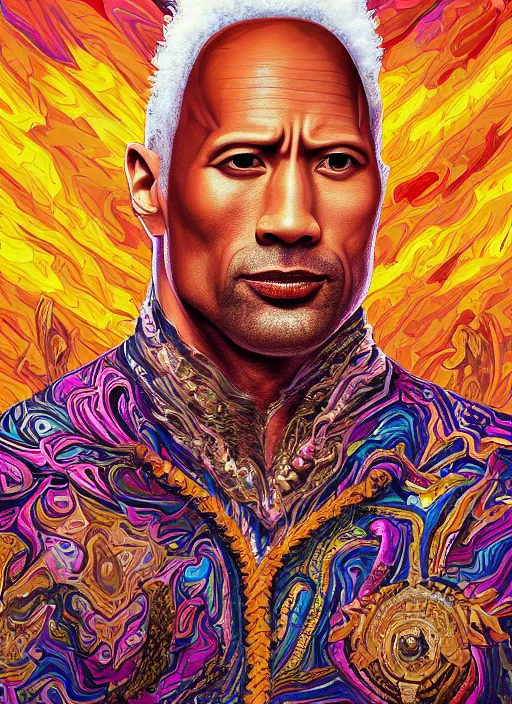 Prompt: beautiful oil painting, portrait of Dwayne the rock Johnson as Louis xiv in coronation robes 1701, Dan Mumford, Dan Mumford, Alex grey, Alex grey, lsd visuals, dmt fractal patterns, entheogen, psychedelic, hallucinogen, highly detailed, ornate, vaporwave