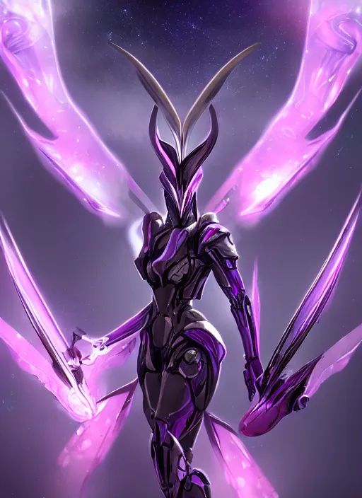 Image similar to cinematic close shot, galactic sized goddess, proportional stunning beautiful hot female warframe, sleek mecha female dragon head, metal ears, led purple eyes, smooth fuschia skin, sleek silver armor, floating in space, holding a galaxy, epic proportions, epic size, epic scale, furry art, dragon art, giantess art, warframe fanart, furaffinity, octane