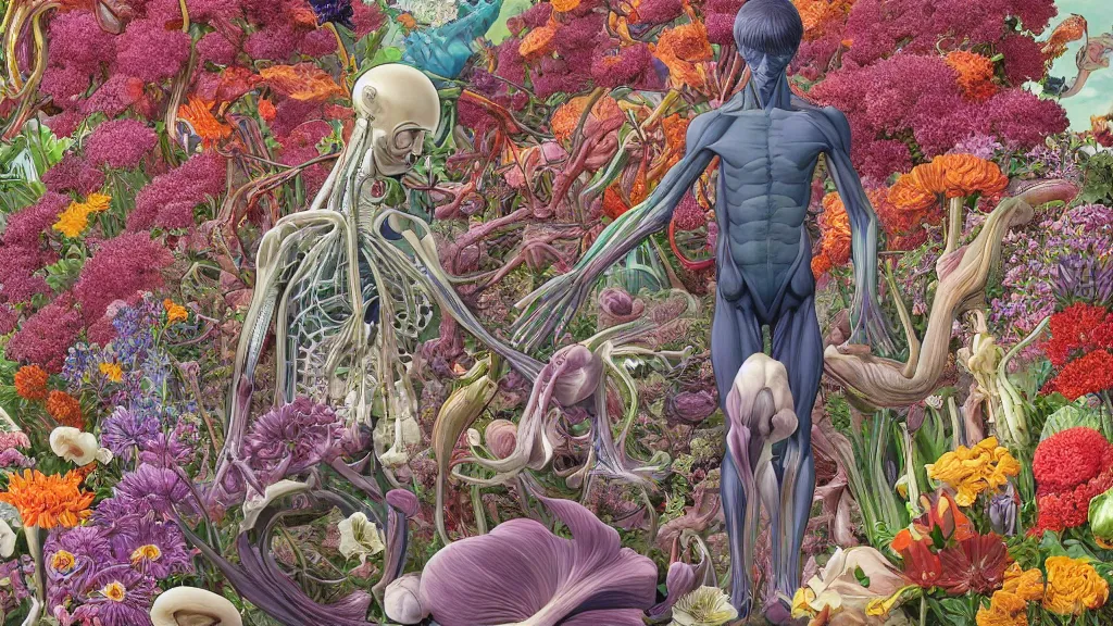 Prompt: highly detailed illustration of a human anatomy body exploded by all the known species of flowers by juan gatti, by makoto shinkai, by moebius!, by oliver vernon, by joseph moncada, by damon soule, by manabu ikeda, by kyle hotz, by dan mumford, by kilian eng