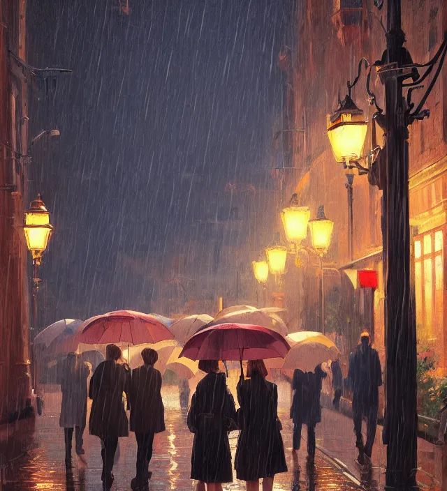 Prompt: a bunch of people under a lamp umbrella while raining, fine details, night setting, realistic shaded lighting poster by ilya kuvshinov, katsuhiro, artgerm, jeremy lipkin, michael garmash, nixeu, unreal engine 5, radiant light, detailed and intricate environment