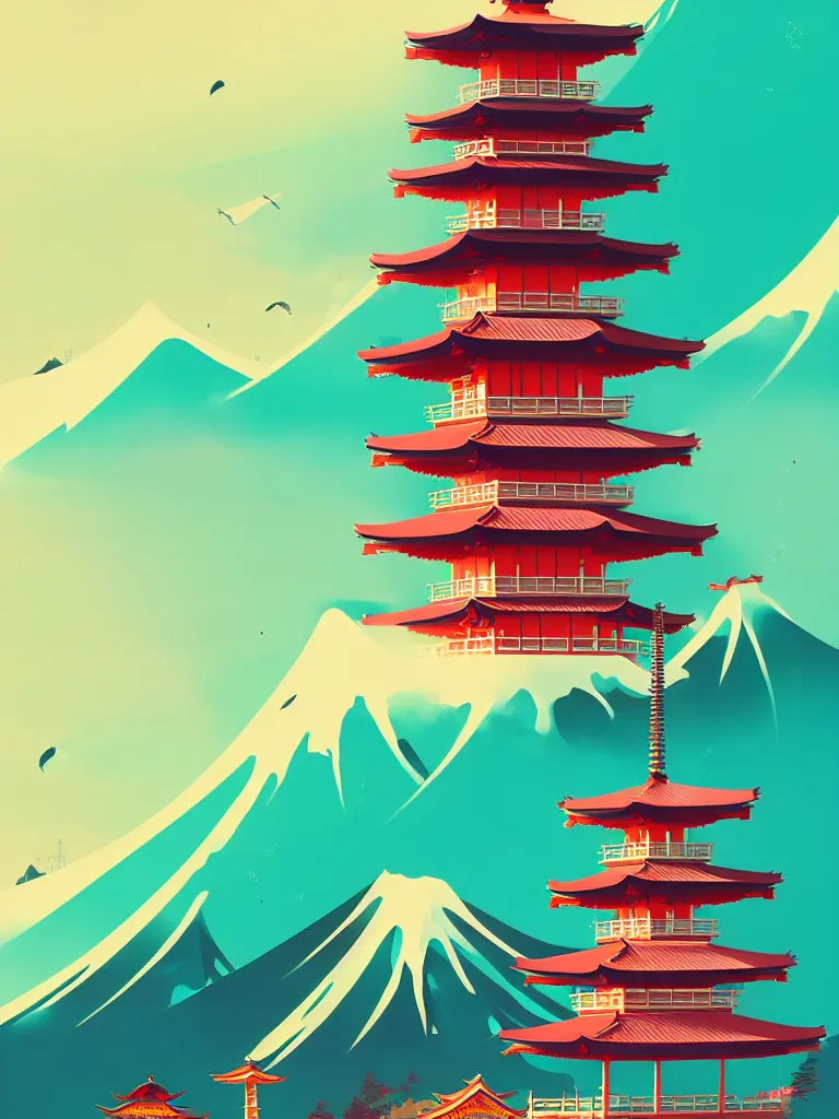 Prompt: a travel poster illustration depicting a japanese pagoda, vintage style, detailed illustration, digital painting, vector art, trending on artstration, by anton fadeev, by alena aenami