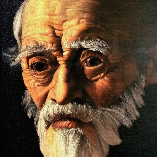 Image similar to detailing character concept portrait of old man by Caravaggio, on simple background, oil painting, middle close up composition