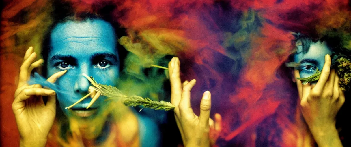 Image similar to award winning photo of smoking CANNABIS, vivid colors, happy, symmetrical face, beautiful eyes, studio lighting, wide shot art by Sally Mann & Arnold Newman