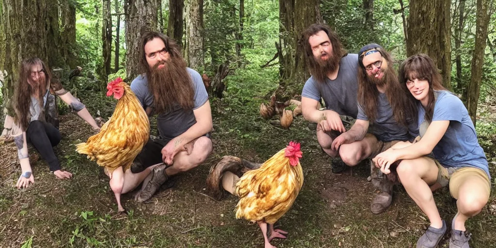 Image similar to photo, three hairy neanderthal people, emma!! watson!! holding a chicken, eating outside, surrounded by dinosaurs!, gigantic forest trees, sitting on rocks, bright moon, birthday cake on the ground, front view