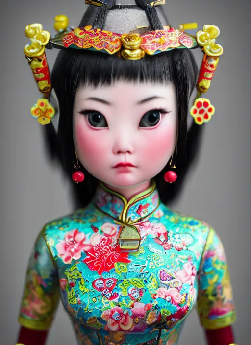 Image similar to closeup profile portrait of tin toy china cheongsam girl, bikini, depth of field, zeiss lens, detailed, symmetrical, centered, fashion photoshoot, by nicoletta ceccoli, mark ryden, lostfish, breathtaking, 8 k resolution, extremely detailed, beautiful, establishing shot, artistic, hyperrealistic, octane render