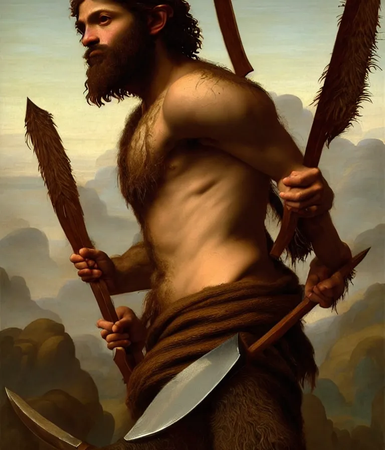 Image similar to renaissance painting full body portrait of a gruff ranger with a spear, lean and toned, handsome face, hairy chest and hairy body, D&D, intricate, elegant, highly detailed, digital painting, artstation, concept art, matte, sharp focus, chiaroscuro, well list, illustration, art by da Vinci, Artgerm and Greg Rutkowski and Alphonse Mucha