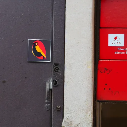 Image similar to A door inside a french college building with a sticker on it of the Red Bird Studios logo, the door is slightly opened with a pair of eyes peeking through the gap