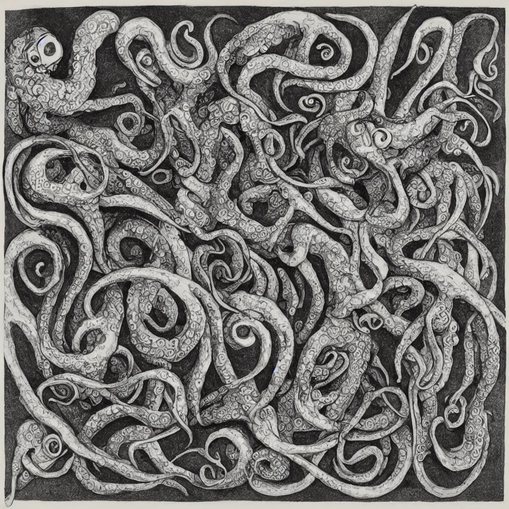 Prompt: “Infinite loop of octopuses, mathematical art by M.C. Escher, ceramic dish, 1959”