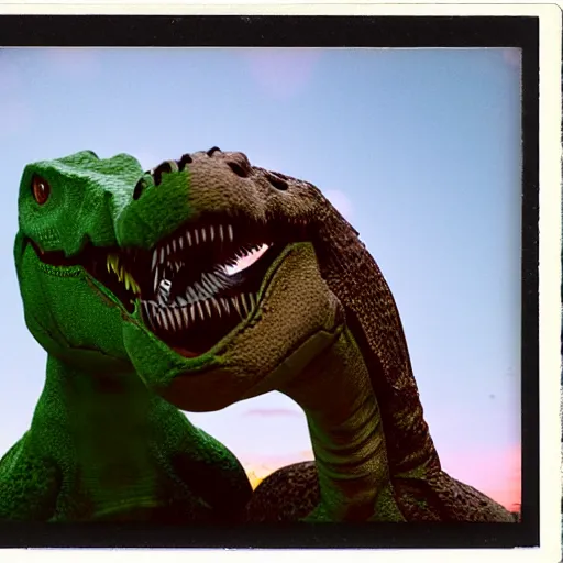 Image similar to polaroid of a happy dinosaur couple as the asteroid hits cinematic 3 5 mm 8 k hdr