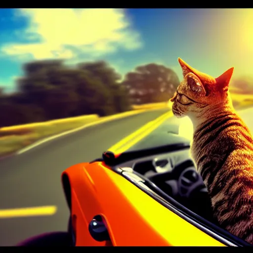 Prompt: convertible with cat driver on road driving towards camera, motion blur, clear sky, golden hour, unobstructed road, artstation