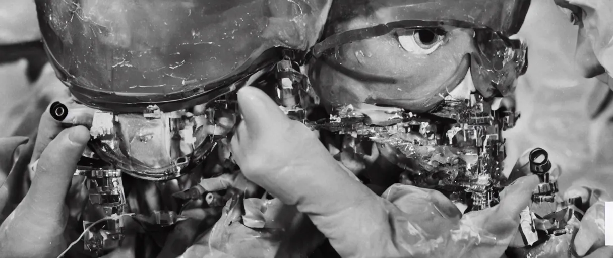 Prompt: filmic extreme close up shot movie still 4 k uhd interior 3 5 mm film color photograph of a scientist putting his hands into the mouth of a camouflaged solder in a lab in antarctica