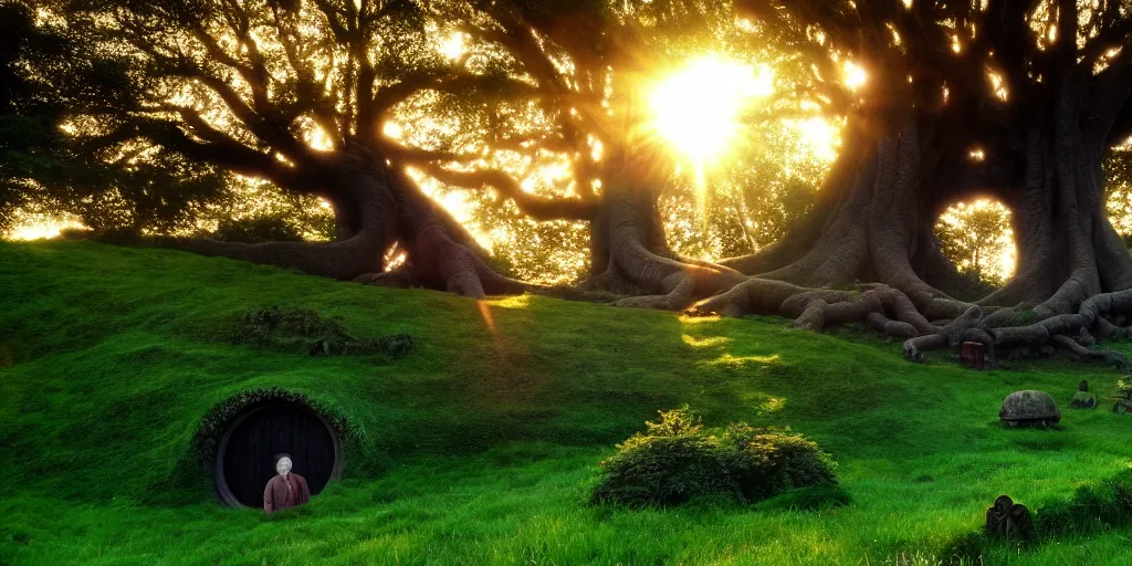 Prompt: magical hobbits shire. big old tree above. golden hours