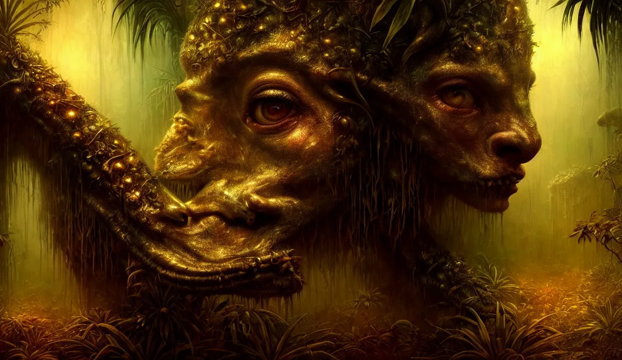 Prompt: epic professional digital art hungry eyes, gold ambient light, painted, mysterious, closeup cinematic jungle scene, eerie, mythic, detailed, intricate, grand, leesha hannigan, wayne haag, reyna rochin, ignacio fernandez rios, mark ryden, van herpen, artstation, cgsociety, epic, stunning, gorgeous, much wow