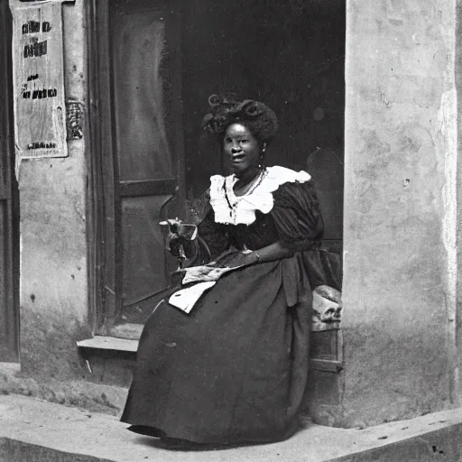 Image similar to afro woman on a cafe in paris, 1 8 0 0 s