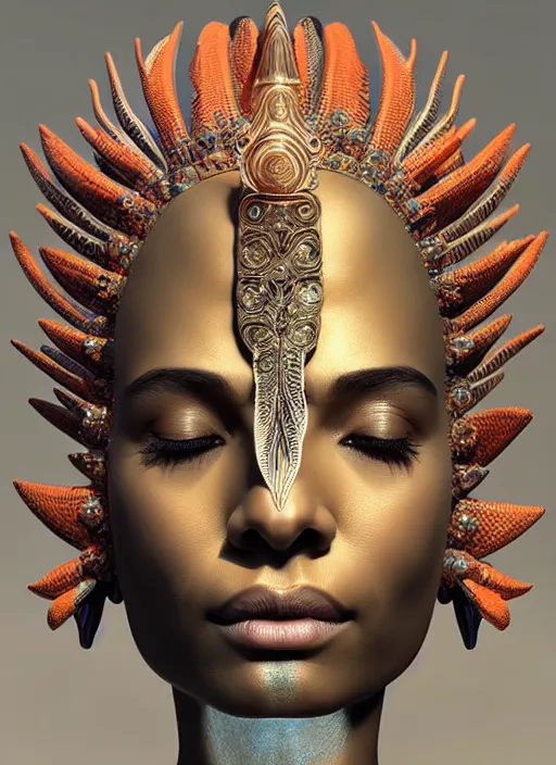 Prompt: 3 d goddess close - up profile portrait. beautiful intricate highly detailed mexican bird helm and traditional mexican huipil. stingray, magpie, bio luminescent, plasma, lava, ice, water, wind, creature, artwork by tooth wu and wlop and beeple and greg rutkowski, octane 3 d render