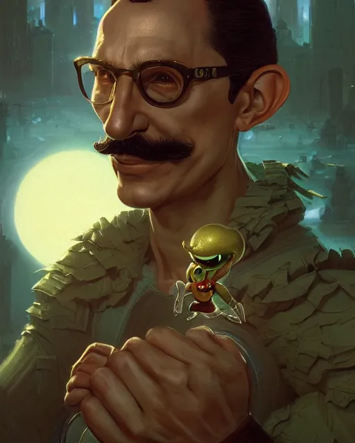 Prompt: luigi in a ensemble, ernest khalimov body by krista sudmalis, fantasy character portrait, ultra realistic, futuristic background by laurie greasley, concept art, intricate details, highly detailed by greg rutkowski, ilya kuvshinov, gaston bussiere, craig mullins, simon bisley