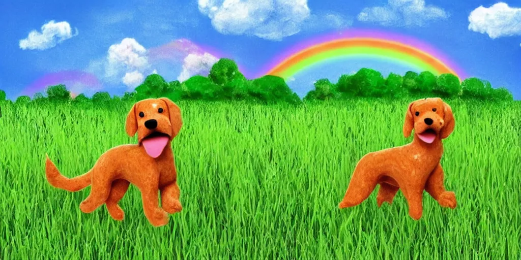 Prompt: claymation dog in a field of grass on a beautiful summer day, claymation rainbow and trees in the background, a there is a beautiful little stream with fish jumping out in joy, love, joy, happy, cute, adorable