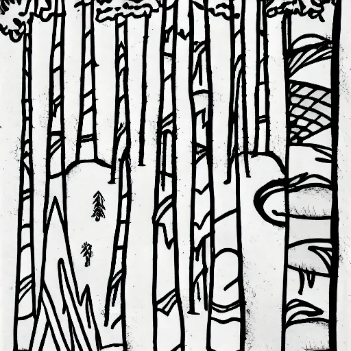 Prompt: simple line art tattoo design of a campsite, tent, trees, moon, fire, zaya, mük Jung