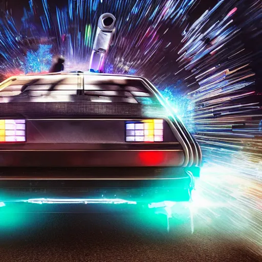 Prompt: a cyberpunk delorean breaking the space - time continuum, energy and time particles, dramatic framing, movie footage, 8 k