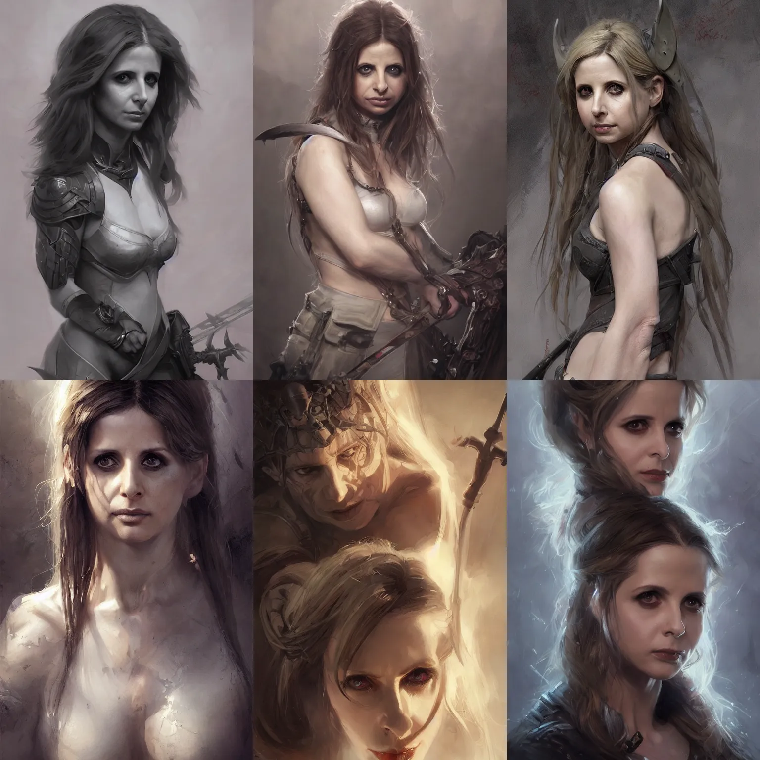 Prompt: Portrait Sarah Michelle Gellar, warhammer, dark, intricate, highly detailed, smooth, artstation, digital illustration by Ruan Jia and Mandy Jurgens and Artgerm and Wayne Barlowe and Greg Rutkowski and Frank Frazetta