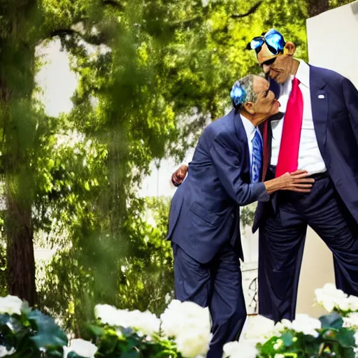 Prompt: obama going in for a kiss with donald trump , obama kissing donald trump , 8k , professional photography