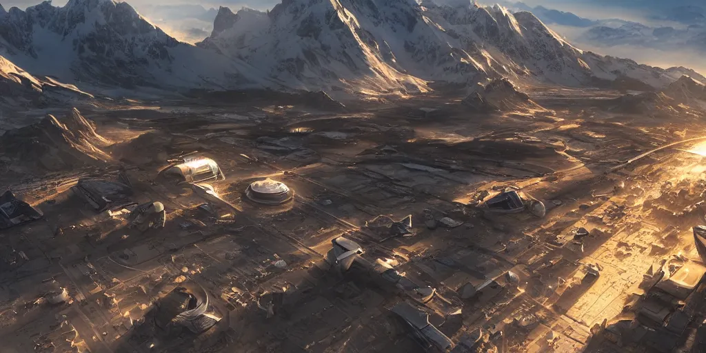 Image similar to a beautiful view of a spaceport in the alps, matte painting, cinematic lighting, hyper - detailed, 4 k, scifi