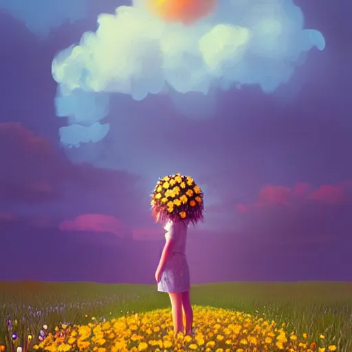 Image similar to girl with a full daisies head, surreal photography, flower field, sunset dramatic light, impressionist painting, colorful clouds, blue sky, digital painting, artstation, simon stalenhag