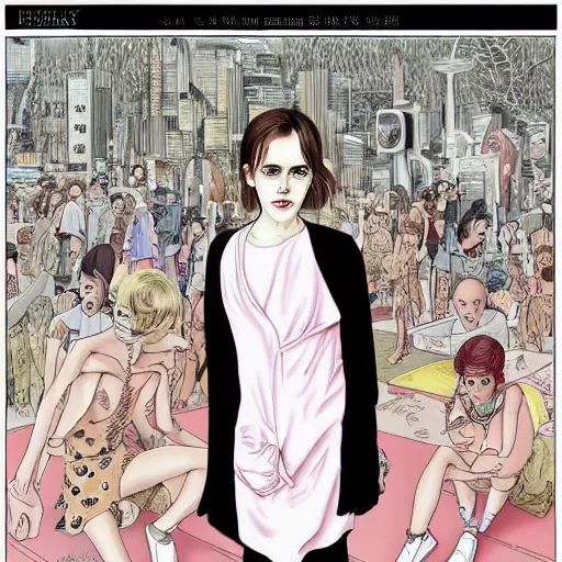 Prompt: strange full length portrait of emma watson with face by yuji moriguchi and shintaro kago