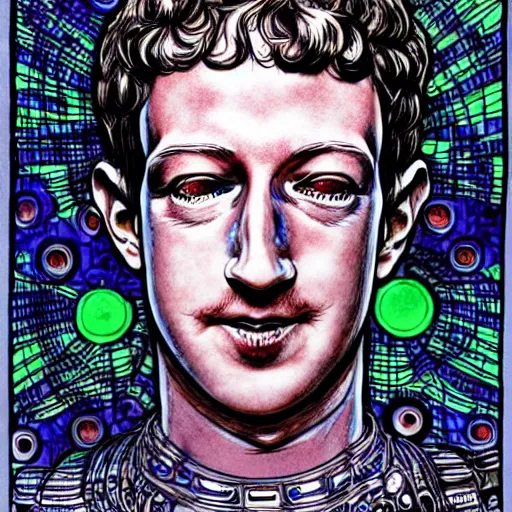 Prompt: the inner robotic self of mark zuckerberg, clockwork engine, psychedelic, lsd, spiritual, mystical, epic beautifully detailed pen, ink and copic markers drawing by milo manara