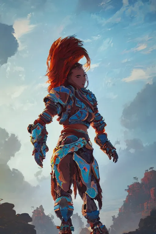 Image similar to combination suit armor aloy horizon forbidden west horizon zero dawn radiating a glowing aura global illumination ray tracing hdr fanart arstation by ian pesty and alena aenami artworks in 4 k tribal robot ninja mask helmet backpack