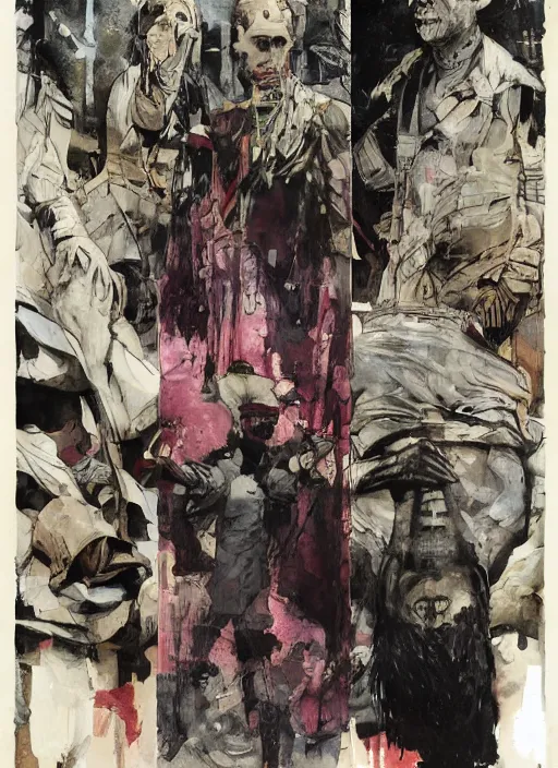 Image similar to Politicians hide themselves away, They only started the war, Why should they go out to fight, They leave that role to the poor, creepy, diabolical, dark, mystical, intrincate, maximalism, Illustration by Alex maleev, James Jean, Adrian Ghenie and Francis Bacon