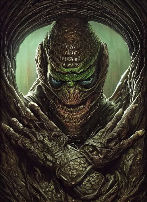 Image similar to dark ghoul mf doom reptile eyes, haunted skin. horror movie poster, intricate, elegant, highly detailed, centered, digital painting, artstation, concept art, smooth, sharp focus, illustration, artgerm, tomasz alen kopera, peter mohrbacher, donato giancola, joseph christian leyendecker, wlop, frank frazetta