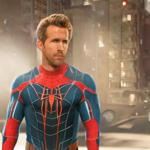 Prompt: ryan reynolds as a black and blue suit spider - man, cinematic, volumetric lighting, f 8 aperture, cinematic eastman 5 3 8 4 film, photorealistic