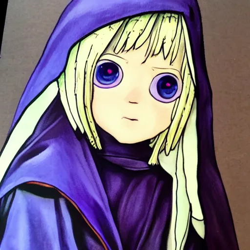 Image similar to little boy wearing nun outfit, blonde hair, blue eyes. purple and black color palate, detailed soft painting, made in abyss art style, inspired in hirohiko araki, anatomically correct