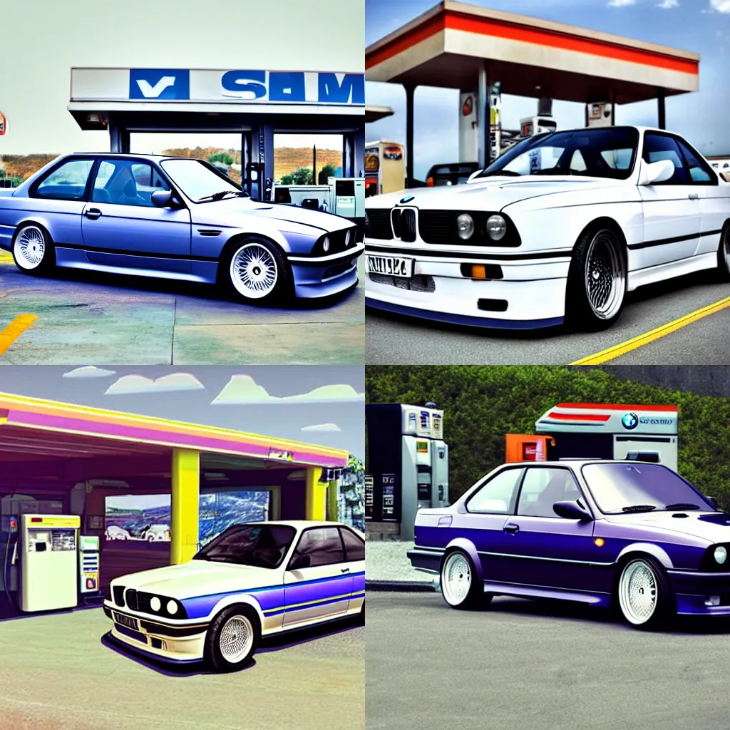 Prompt: a bmw m3 e30 parked in a gas station, vaporwave