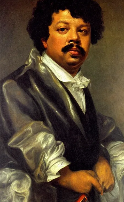 Image similar to Portrait of Alexandre Dumas, oil on canvas, highly detailed, by Delacroix, 8k